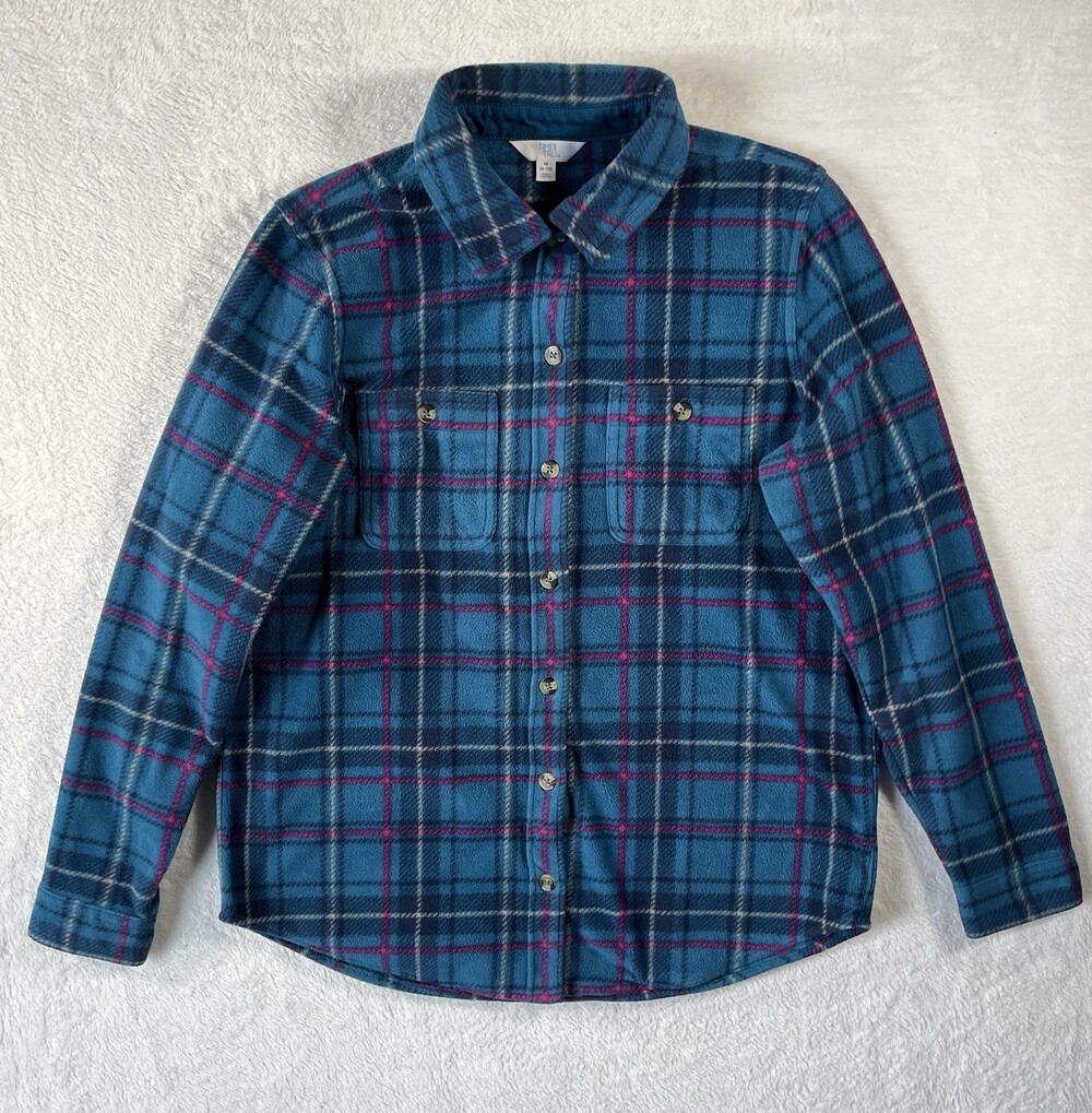 Time & Tru Flannel Shirt Women's Medium Long Sleeve Button Up Pockets Plaid Blue
